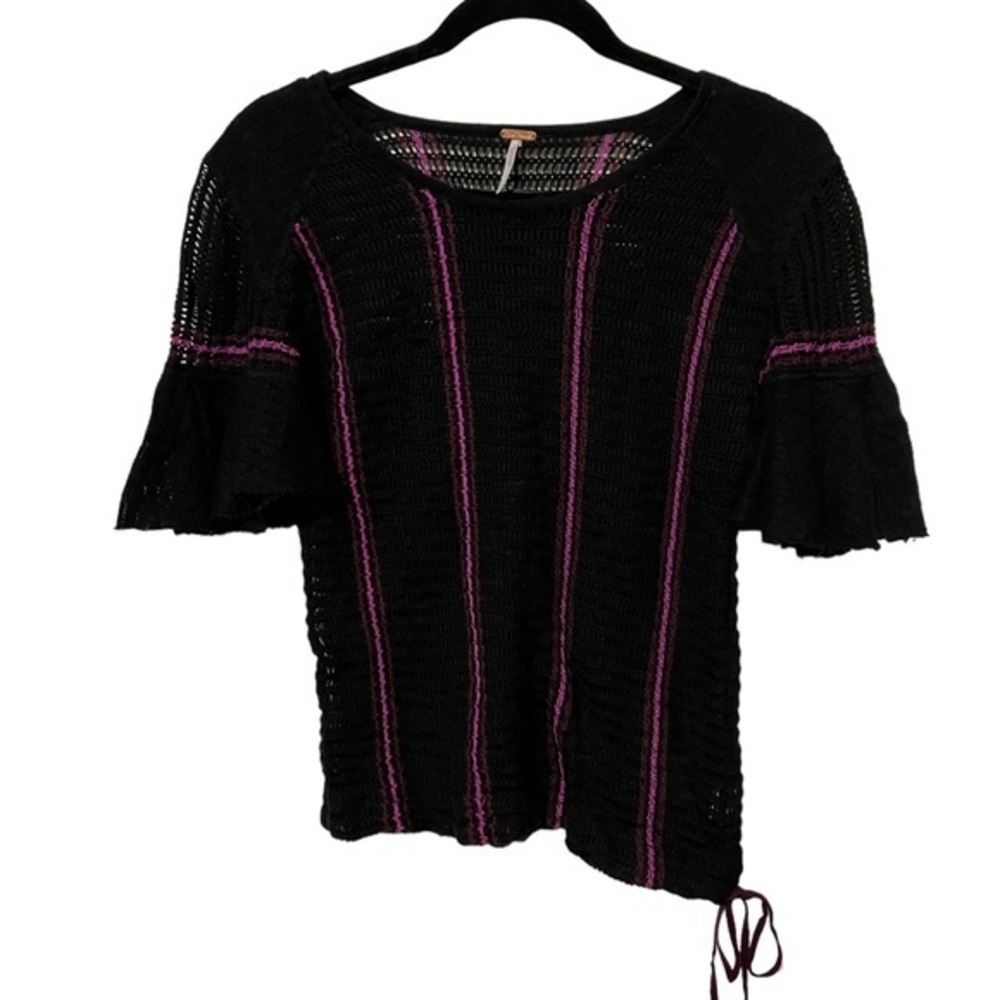 Free People Black and Bright Pink Knit Short Sleeve Top Bell Sleeve Size Large